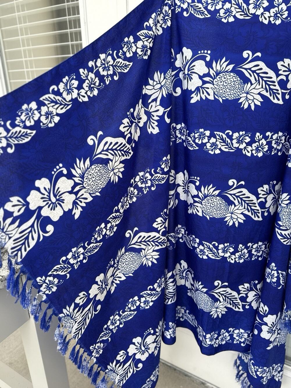 Rima Beach Wear Blue Pineapple Hibiscus Sarong Wrap Fringe Cover Up